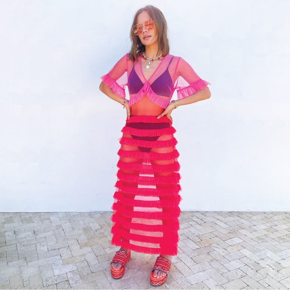 New never fully dressed Kate midi dress in pink and red